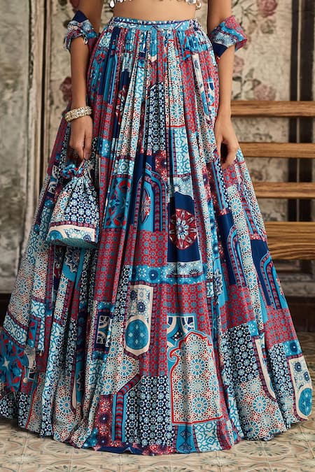 Shop Diyarajvvir Blue Crepe, Georgette Tassels Square Neck Teal Printed Lehenga Set Online at Aza Fashions Shop_Diyarajvvir_Blue Crepe, Georgette Tassels Square Neck Teal Printed Lehenga Set _Online_at_Aza_Fashions