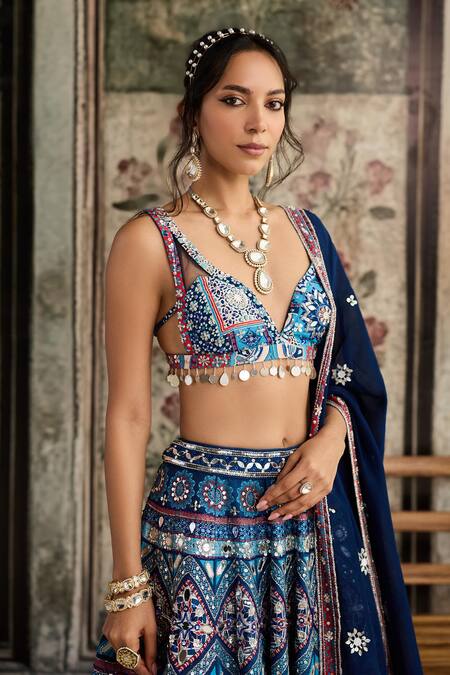 Diyarajvvir_Blue Crepe, Silk, Organza Sequins, Embroidery V-neck Teal Printed Lehenga Set _Online_at_Aza_Fashions