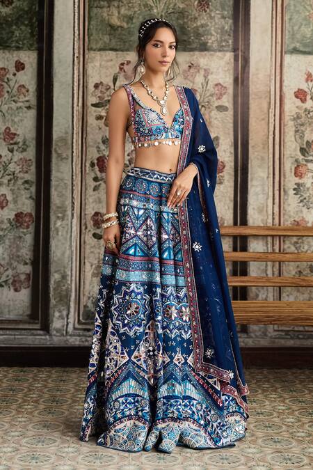 Buy_Diyarajvvir_Blue Crepe, Silk, Organza Sequins, Embroidery V-neck Teal Printed Lehenga Set _Online_at_Aza_Fashions