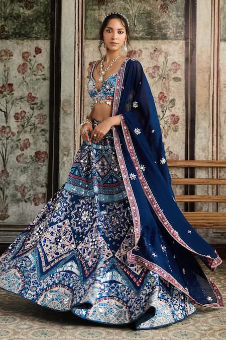 Shop_Diyarajvvir_Blue Crepe, Silk, Organza Sequins, Embroidery V-neck Teal Printed Lehenga Set _Online_at_Aza_Fashions