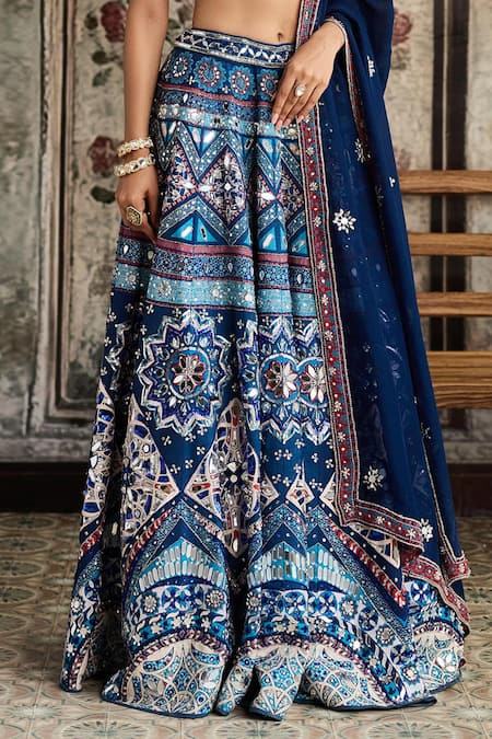 Diyarajvvir_Blue Crepe, Silk, Organza Sequins, Embroidery V-neck Teal Printed Lehenga Set _at_Aza_Fashions