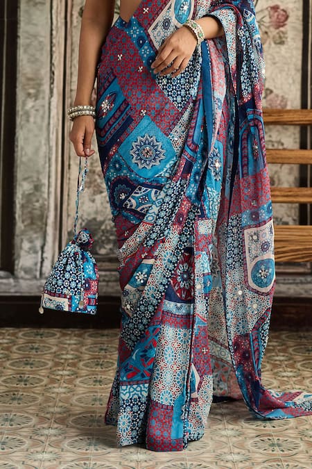 Diyarajvvir_Blue Crepe, Georgette Sequins, Mirrors, Beads Teal Printed Pre-draped Saree Set _Online_at_Aza_Fashions