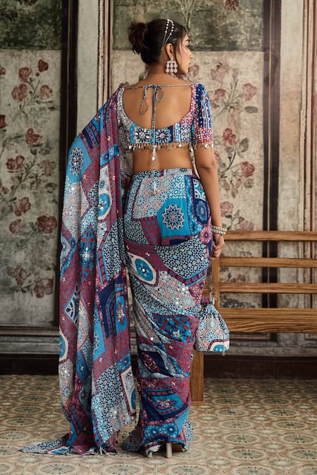 Shop_Diyarajvvir_Blue Crepe, Georgette Sequins, Mirrors, Beads Teal Printed Pre-draped Saree Set _at_Aza_Fashions