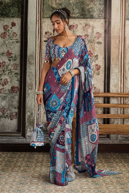 Buy_Diyarajvvir_Blue Crepe, Georgette Sequins, Mirrors, Beads Teal Printed Pre-draped Saree Set _Online_at_Aza_Fashions