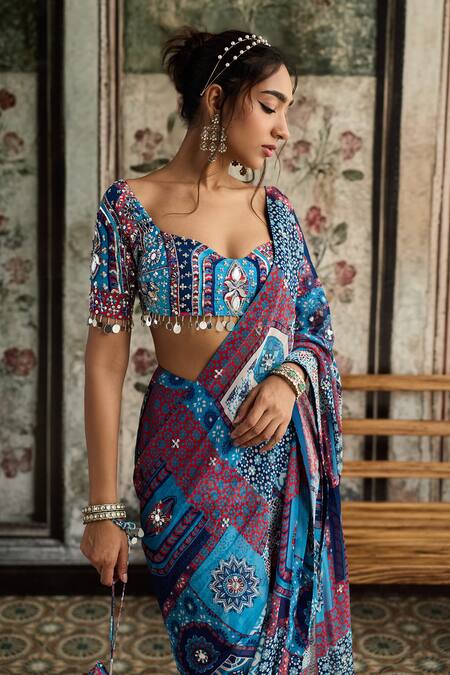 Shop_Diyarajvvir_Blue Crepe, Georgette Sequins, Mirrors, Beads Teal Printed Pre-draped Saree Set _Online_at_Aza_Fashions