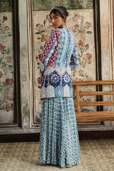 Shop_Diyarajvvir_Blue Georgette, Silk Embroidery Mandarin Teal Printed Jacket And Gharara Set _at_Aza_Fashions