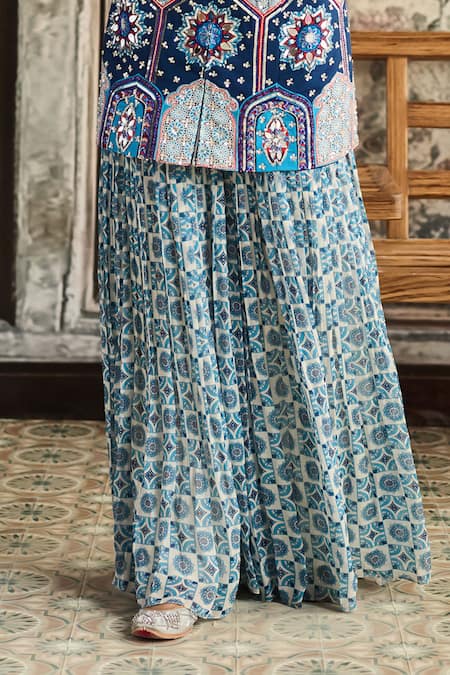 Diyarajvvir_Blue Georgette, Silk Embroidery Mandarin Teal Printed Jacket And Gharara Set _Online_at_Aza_Fashions
