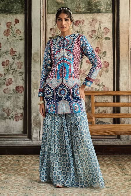 Diyarajvvir Teal Blue Printed Jacket & Gharara Set 