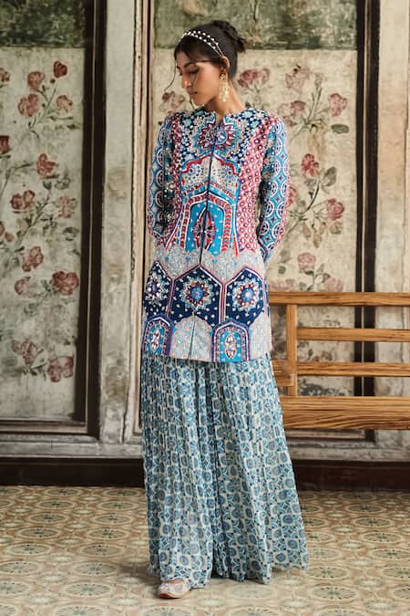 Buy_Diyarajvvir_Blue Georgette, Silk Embroidery Mandarin Teal Printed Jacket And Gharara Set _Online_at_Aza_Fashions