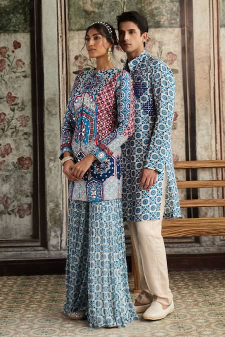 Shop_Diyarajvvir_Blue Georgette, Silk Embroidery Mandarin Teal Printed Jacket And Gharara Set _Online_at_Aza_Fashions