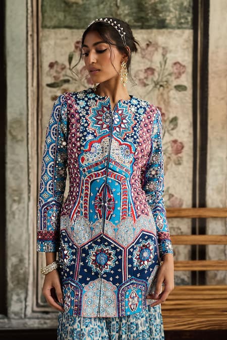 Diyarajvvir_Blue Georgette, Silk Embroidery Mandarin Teal Printed Jacket And Gharara Set _at_Aza_Fashions