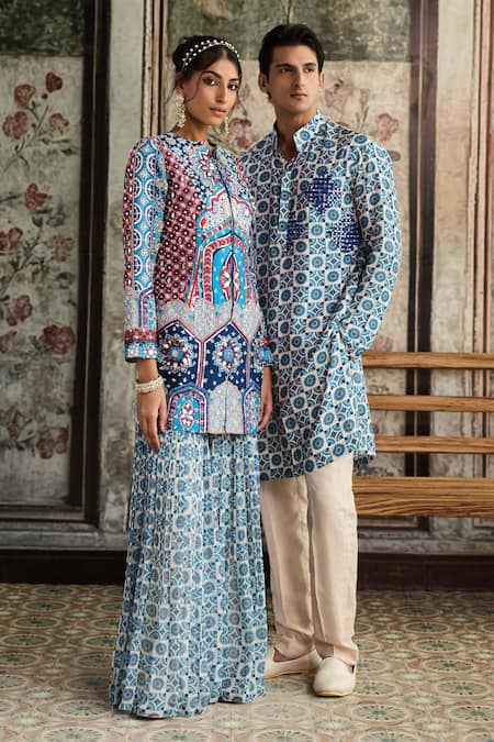 Buy_Diyarajvvir_Blue Georgette, Silk Embroidery Mandarin Teal Printed Jacket And Gharara Set 