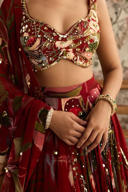 Diyarajvvir Red Crepe, Georgette Embroidery, Beads V-neck Floral Lehenga Set Online at Aza Fashions Diyarajvvir_Red Crepe, Georgette Embroidery, Beads V-neck Floral Lehenga Set _Online_at_Aza_Fashions
