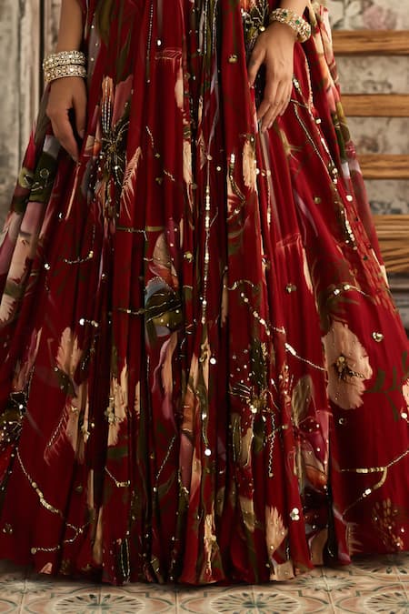 Buy Diyarajvvir Red Crepe, Georgette Embroidery, Beads V-neck Floral Lehenga Set Online at Aza Fashions Buy_Diyarajvvir_Red Crepe, Georgette Embroidery, Beads V-neck Floral Lehenga Set _Online_at_Aza_Fashions