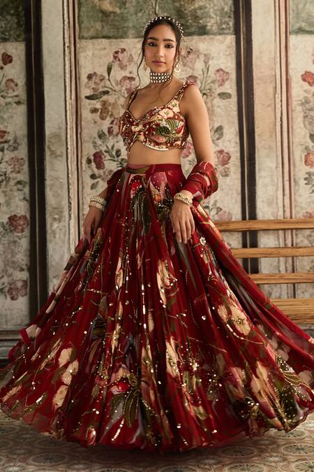 Shop Diyarajvvir Red Crepe, Georgette Embroidery, Beads V-neck Floral Lehenga Set Online at Aza Fashions Shop_Diyarajvvir_Red Crepe, Georgette Embroidery, Beads V-neck Floral Lehenga Set _Online_at_Aza_Fashions