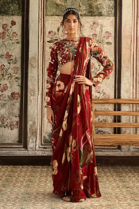 Diyarajvvir Floral Print Pre-Draped Sharara Saree With Blouse 