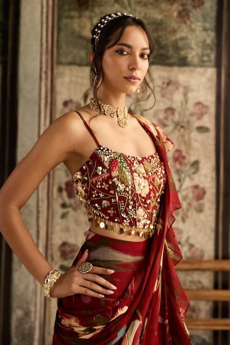 Diyarajvvir Red Crepe, Organza Beads, Embroidery Square Floral Pre-draped Skirt Saree Set Online at Aza Fashions Diyarajvvir_Red Crepe, Organza Beads, Embroidery Square Floral Pre-draped Skirt Saree Set _Online_at_Aza_Fashions