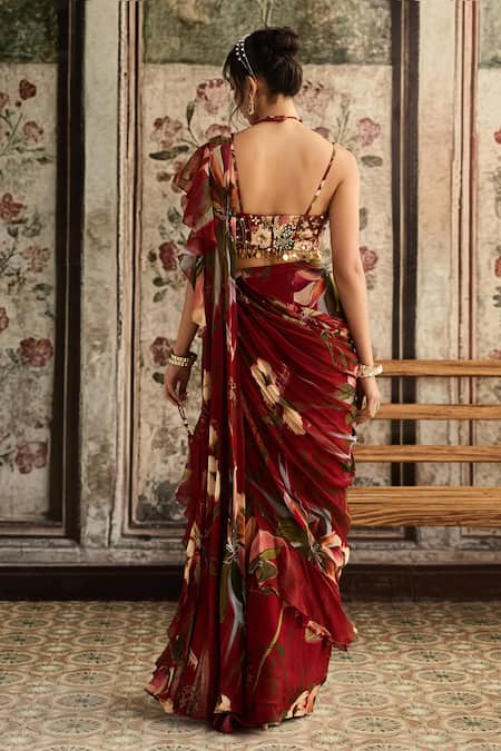 Diyarajvvir Red Floral Pre-Draped Skirt Saree Set 