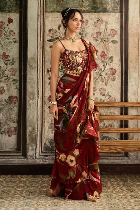 Buy Diyarajvvir Red Crepe, Organza Beads, Embroidery Square Floral Pre-draped Skirt Saree Set Online at Aza Fashions Buy_Diyarajvvir_Red Crepe, Organza Beads, Embroidery Square Floral Pre-draped Skirt Saree Set _Online_at_Aza_Fashions