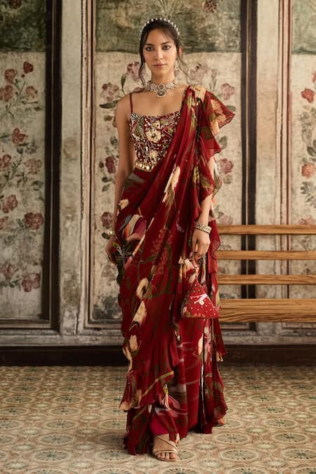 Diyarajvvir Red Floral Pre-Draped Skirt Saree Set 