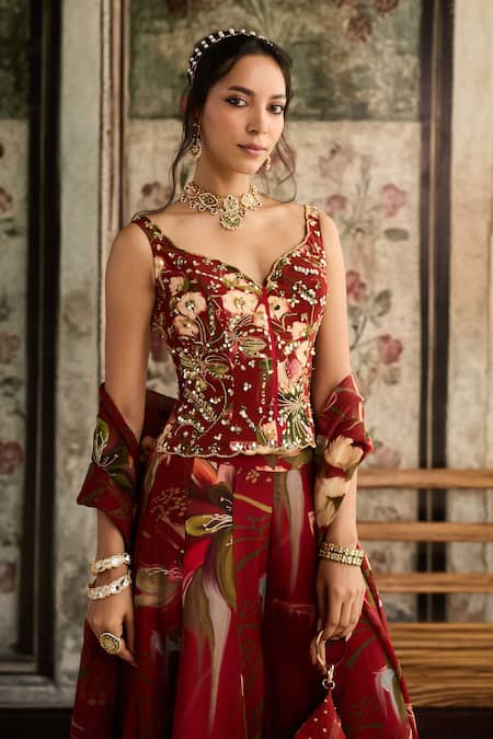 Buy_Diyarajvvir_Red Crepe, Organza, Georgette Beads, Embroidery Printed Corset And Flared Pant Set _Online_at_Aza_Fashions