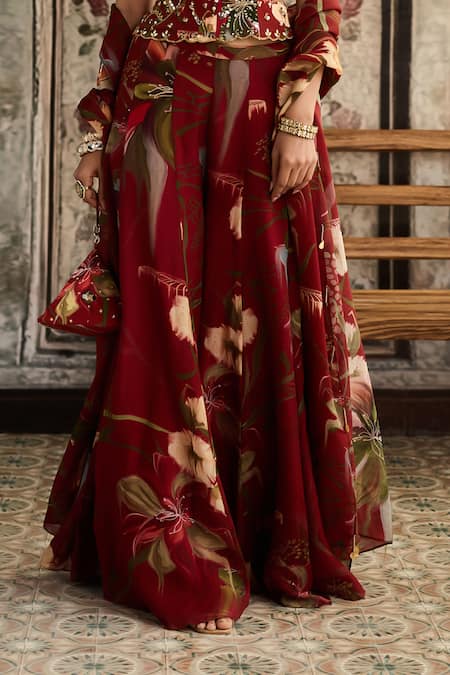 Shop_Diyarajvvir_Red Crepe, Organza, Georgette Beads, Embroidery Printed Corset And Flared Pant Set _Online_at_Aza_Fashions