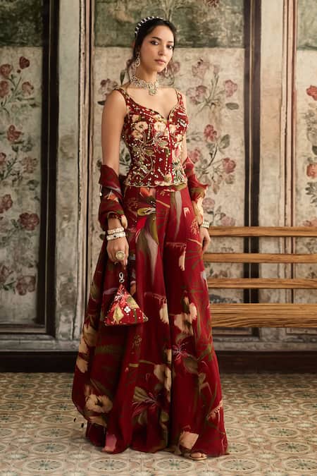 Diyarajvvir_Red Crepe, Organza, Georgette Beads, Embroidery Printed Corset And Flared Pant Set _at_Aza_Fashions