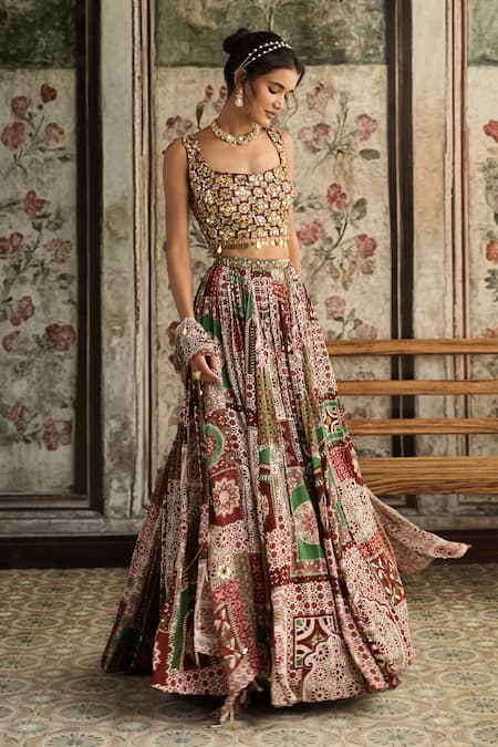 Diyarajvvir Maroon Crepe, Georgette Embroidery, Sequins, Designer Sage Green And Lehenga Set Online at Aza Fashions Diyarajvvir_Maroon Crepe, Georgette Embroidery, Sequins, Designer Sage Green And Lehenga Set _Online_at_Aza_Fashions