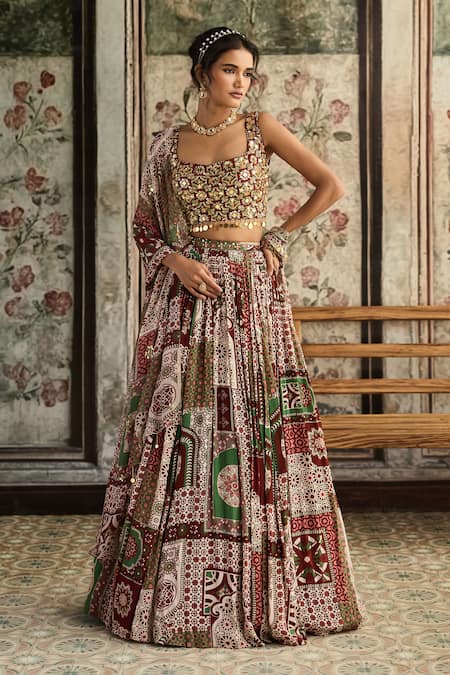 Diyarajvvir Designer Sage Green & Maroon Lehenga Set 