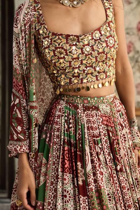 Shop Diyarajvvir Maroon Crepe, Georgette Embroidery, Sequins, Designer Sage Green And Lehenga Set Online at Aza Fashions Shop_Diyarajvvir_Maroon Crepe, Georgette Embroidery, Sequins, Designer Sage Green And Lehenga Set _Online_at_Aza_Fashions