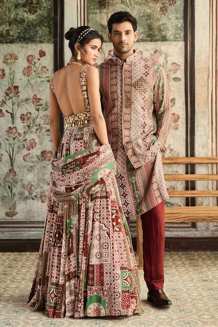 Diyarajvvir Maroon Crepe, Georgette Embroidery, Sequins, Designer Sage Green And Lehenga Set at Aza Fashions Diyarajvvir_Maroon Crepe, Georgette Embroidery, Sequins, Designer Sage Green And Lehenga Set _at_Aza_Fashions