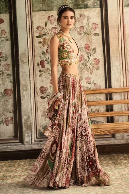 Buy Diyarajvvir Sapphire Crepe, Georgette Sequins, Sage Green And Maroon Designer Lehenga Set Online at Aza Fashions Buy_Diyarajvvir_Sapphire Crepe, Georgette Sequins, Sage Green And Maroon Designer Lehenga Set _Online_at_Aza_Fashions