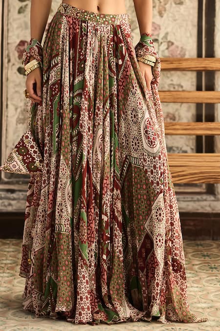 Shop Diyarajvvir Sapphire Crepe, Georgette Sequins, Sage Green And Maroon Designer Lehenga Set Online at Aza Fashions Shop_Diyarajvvir_Sapphire Crepe, Georgette Sequins, Sage Green And Maroon Designer Lehenga Set _Online_at_Aza_Fashions