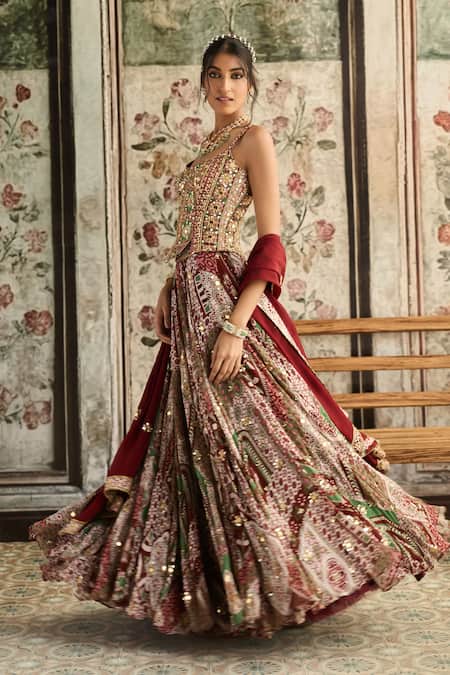 Diyarajvvir_Maroon Crepe, Georgette, Organza Sequins, Sage Green And Designer Lehenga Set _Online_at_Aza_Fashions