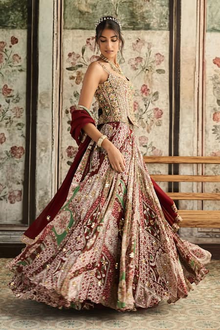 Shop_Diyarajvvir_Maroon Crepe, Georgette, Organza Sequins, Sage Green And Designer Lehenga Set _Online_at_Aza_Fashions