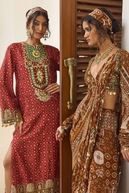 Diyarajvvir_Maroon Silk Tassels, Embroidery Round Neck Embellished Kaftan _at_Aza_Fashions