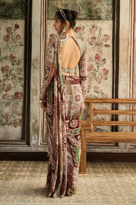 Diyarajvvir Sage Green & Maroon Pre-Draped Skirt Saree Set 