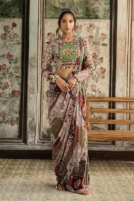 Diyarajvvir Sage Green & Maroon Pre-Draped Skirt Saree Set 