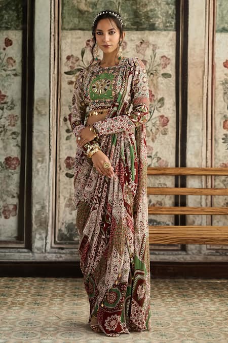 Diyarajvvir_Maroon Crepe, Georgette Sequins, Sage Green And Pre-draped Skirt Saree Set _Online_at_Aza_Fashions