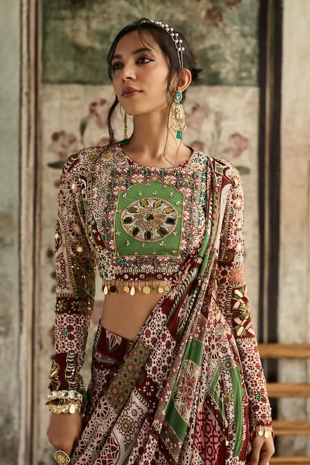 Buy_Diyarajvvir_Maroon Crepe, Georgette Sequins, Sage Green And Pre-draped Skirt Saree Set _Online_at_Aza_Fashions