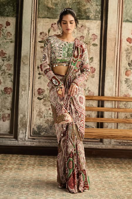 Diyarajvvir_Maroon Crepe Sequins Round Neck Sage Green And Dhoti Pant Saree With Blouse _Online_at_Aza_Fashions