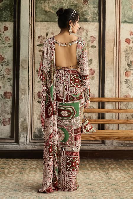 Diyarajvvir Sage Green & Maroon Dhoti Pant Saree With Blouse 