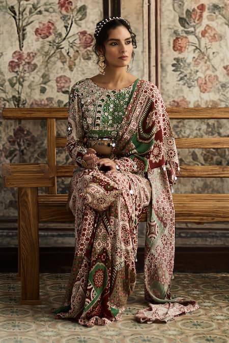 Buy_Diyarajvvir_Maroon Crepe Sequins Round Neck Sage Green And Dhoti Pant Saree With Blouse _Online_at_Aza_Fashions