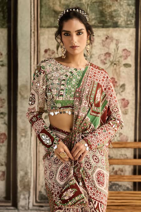 Shop_Diyarajvvir_Maroon Crepe Sequins Round Neck Sage Green And Dhoti Pant Saree With Blouse _Online_at_Aza_Fashions