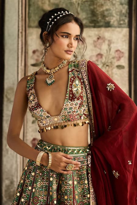 Diyarajvvir_Maroon Silk, Crepe, Organza Sequins, Embroidery Sage Green And Lehenga Set _Online_at_Aza_Fashions