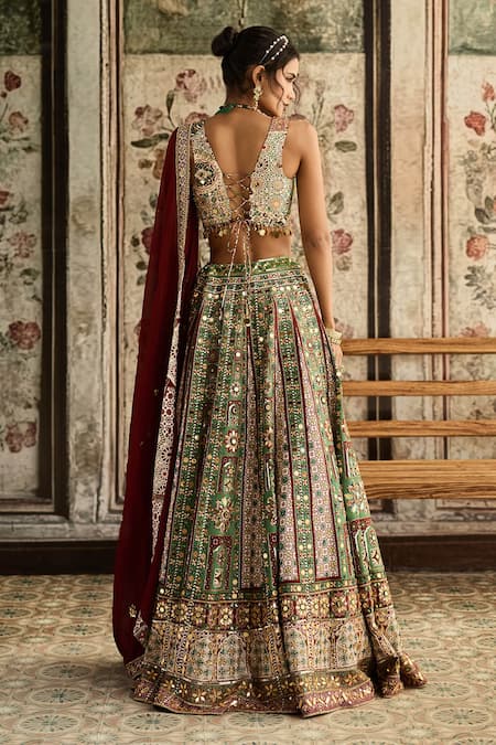 Diyarajvvir Sage Green & Maroon Embroidered Lehenga Set 