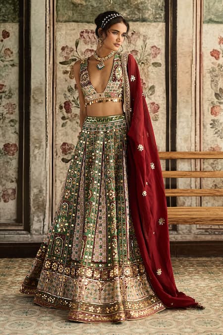 Buy_Diyarajvvir_Maroon Silk, Crepe, Organza Sequins, Embroidery Sage Green And Lehenga Set _Online_at_Aza_Fashions
