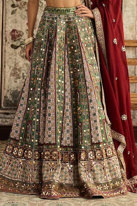 Shop_Diyarajvvir_Maroon Silk, Crepe, Organza Sequins, Embroidery Sage Green And Lehenga Set _Online_at_Aza_Fashions