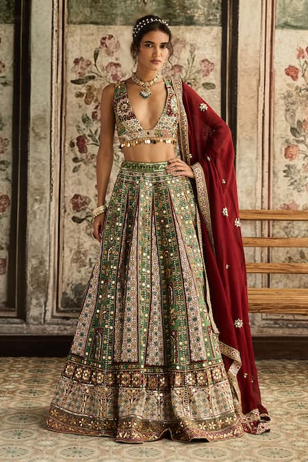 Diyarajvvir Sage Green & Maroon Embroidered Lehenga Set 