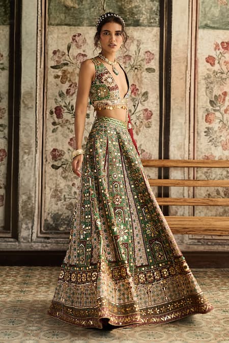 Diyarajvvir_Maroon Silk, Crepe, Organza Sequins, Embroidery Sage Green And Lehenga Set _at_Aza_Fashions